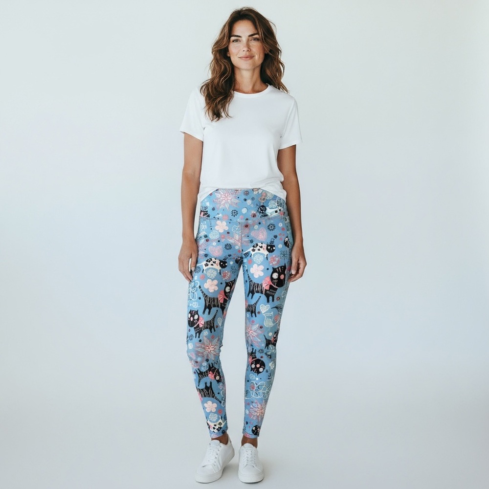 NEW Bright Blue Black Illustrated Cat Bow Love Bird Heart Flower Leggings OS